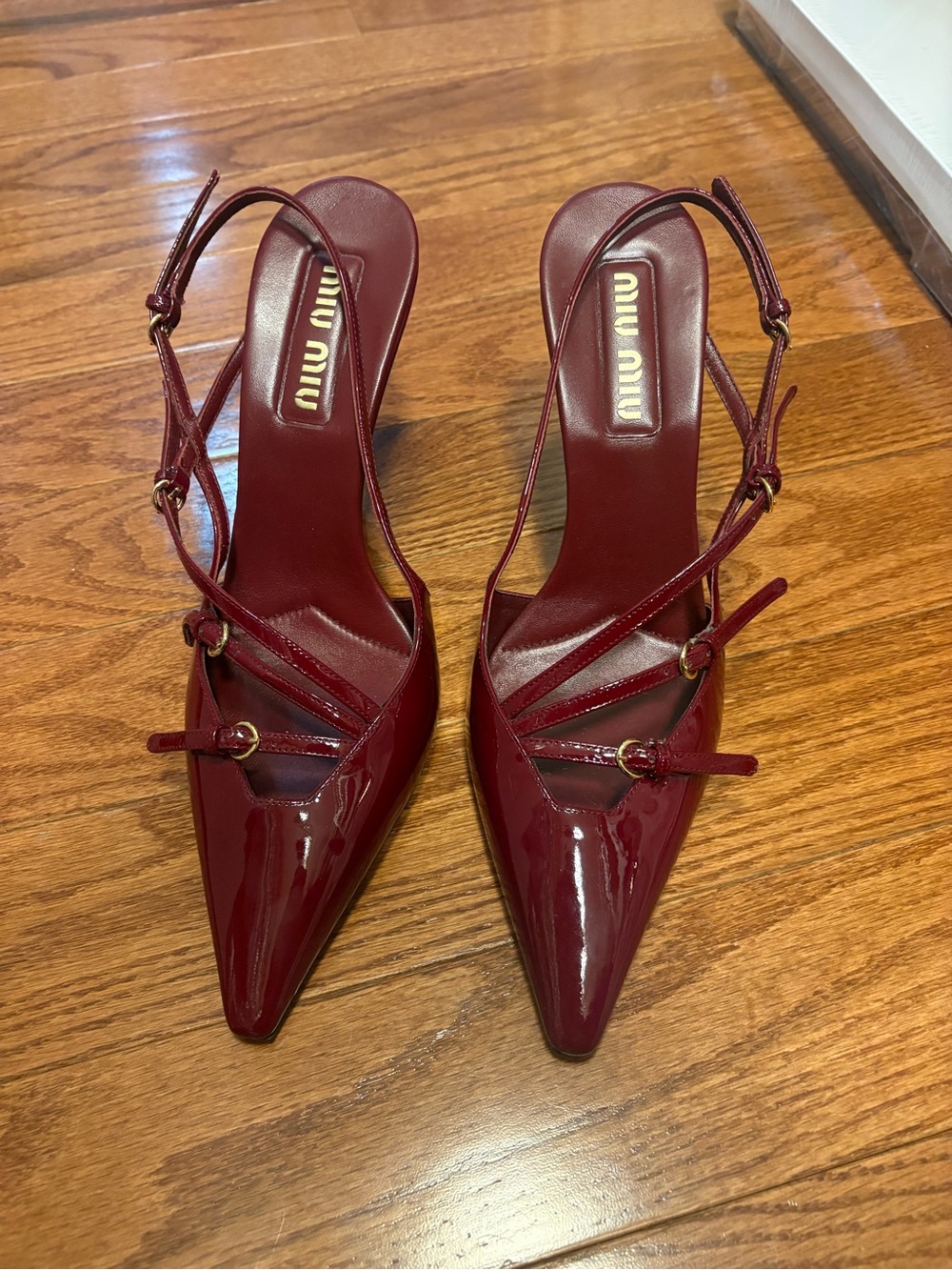 Miu Miu Deep Burgundy Patent Leather Pointed Slingback Heels - Picture 2 of 4